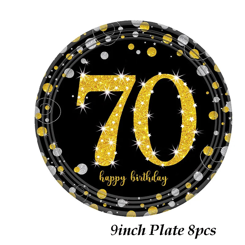 70 Year Old Adult Birthday Party Disposable Tableware Black Gold Paper Plates Cup Tablecloths Wedding Anniversary Decor Supplies