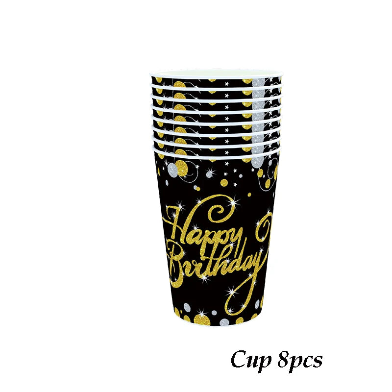 70 Year Old Adult Birthday Party Disposable Tableware Black Gold Paper Plates Cup Tablecloths Wedding Anniversary Decor Supplies