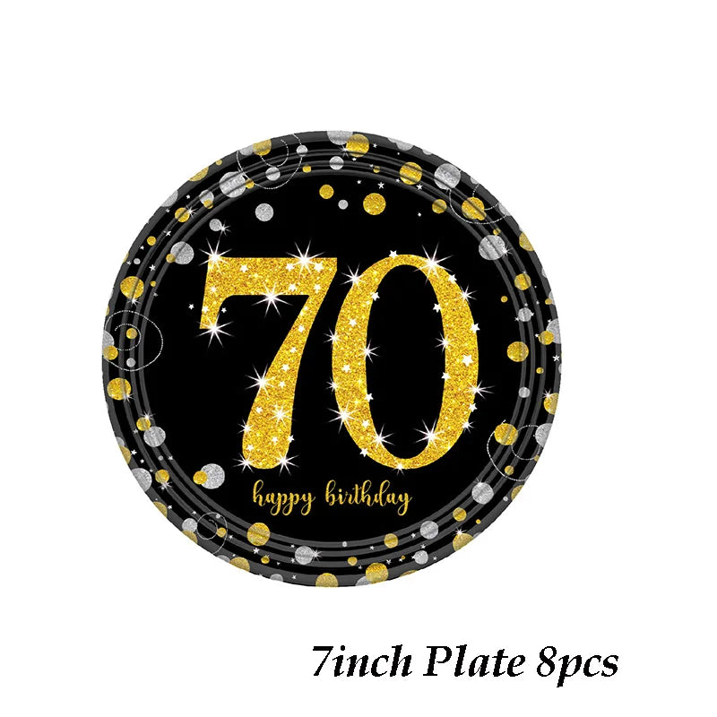 70 Year Old Adult Birthday Party Disposable Tableware Black Gold Paper Plates Cup Tablecloths Wedding Anniversary Decor Supplies
