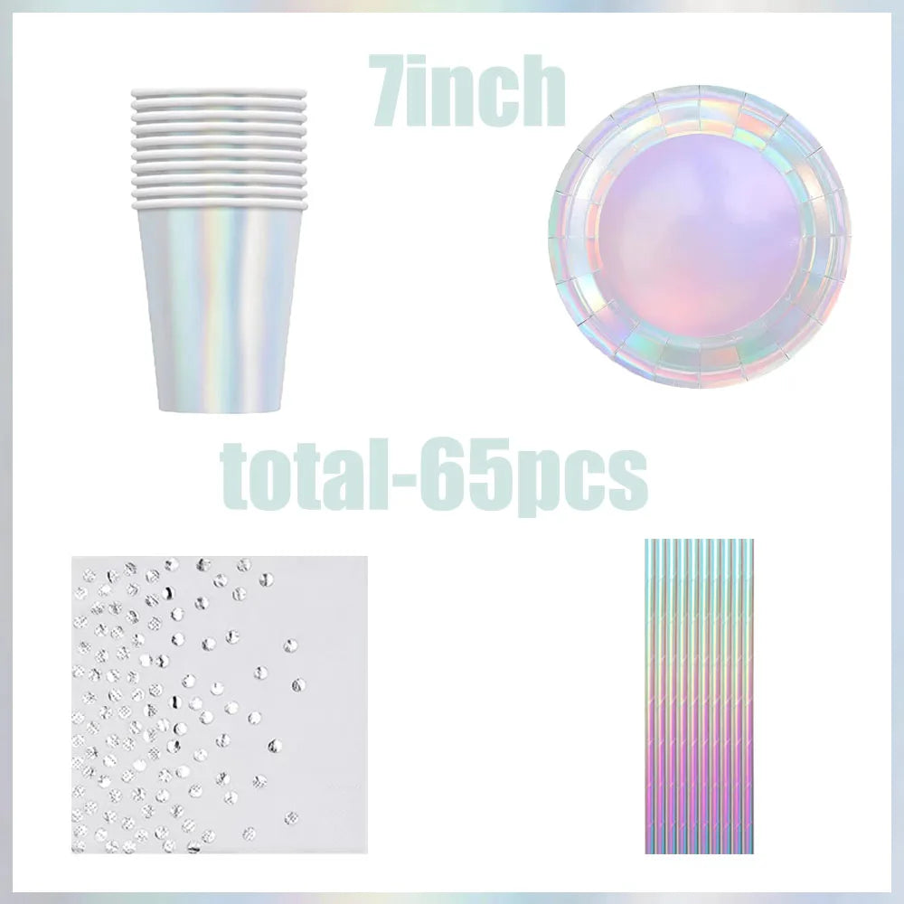 Iridescent Party Decorations Tableware Supplies,Holographic Paper Plate,Cup,Napkin,Tablecloth,Cutlery,For Birthday Wedding Party