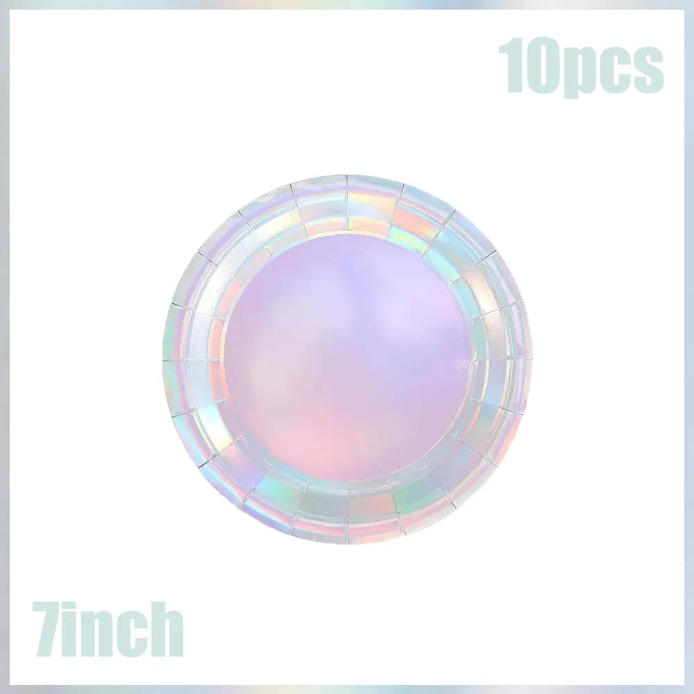 Iridescent Party Decorations Tableware Supplies,Holographic Paper Plate,Cup,Napkin,Tablecloth,Cutlery,For Birthday Wedding Party