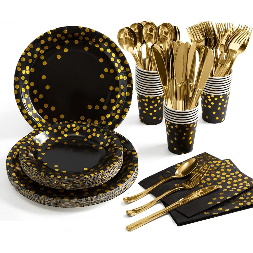Black and Gold Party Supplies Disposable Party Tableware Gold Dot Paper Plate Black Napkin Cup for Graduation Birthday Wedding