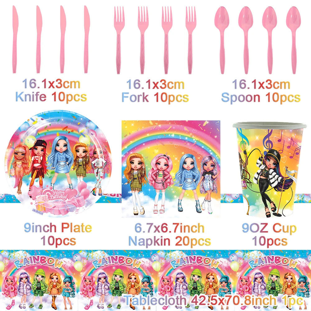 Cartoon Rainbow Doll High School Theme Background Birthday Party Decoration Supplies Disposable Cup Cutlery Balloon Baby Gift