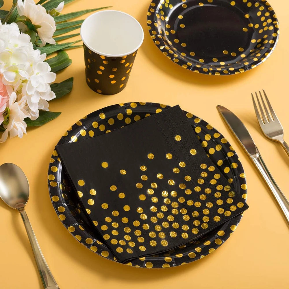 Black and Gold Party Supplies Disposable Party Tableware Gold Dot Paper Plate Black Napkin Cup for Graduation Birthday Wedding