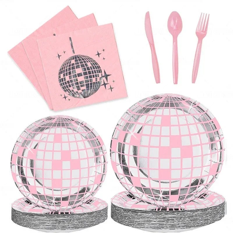 10 Guests Disco Theme Party Disposable Tableware Disco Pink Plates Cups Napkins Disco Party Girls Birthday Party Supplies