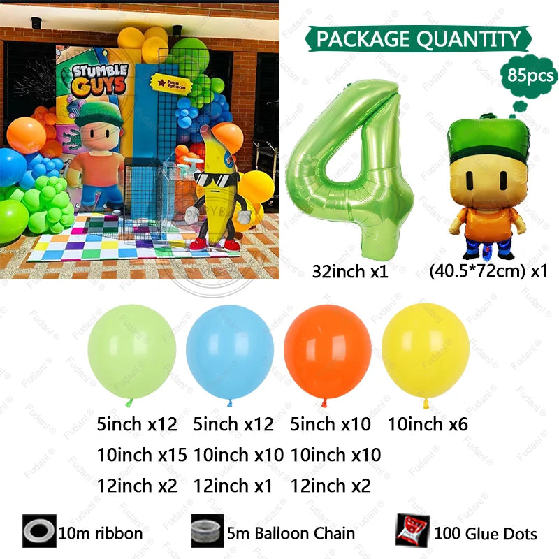 85PCS Game Stumble Guy Theme Balloon Arch Set 32inch Green Number Balloon Boy Girl Birthday Party Decortion Baby Shower Globos
