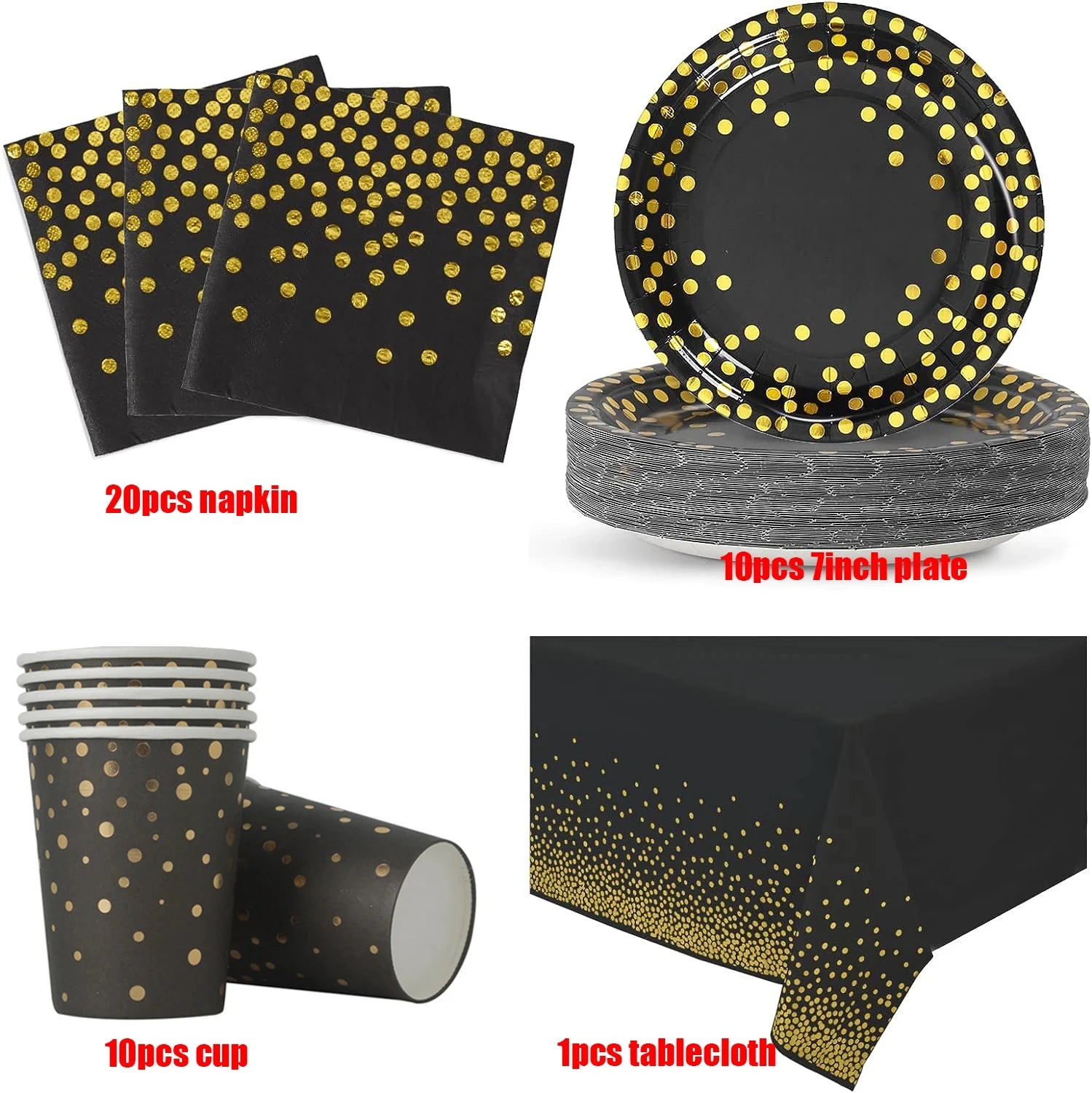 Black and Gold Party Supplies Disposable Party Tableware Gold Dot Paper Plate Black Napkin Cup for Graduation Birthday Wedding