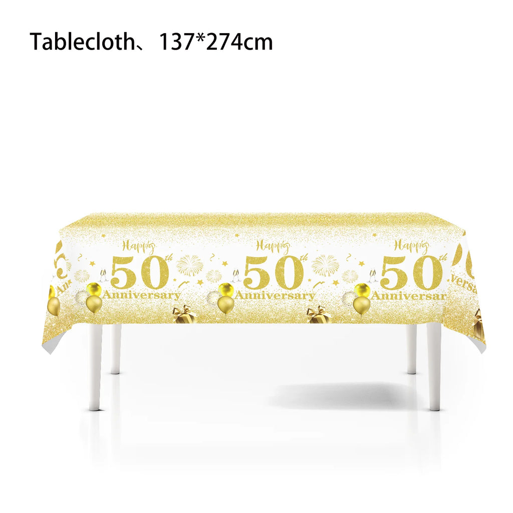 Happy 50th birthday party table supplies, white and gold theme, napkins, 7inch paper cups, tablecloth, plates,  party decoration