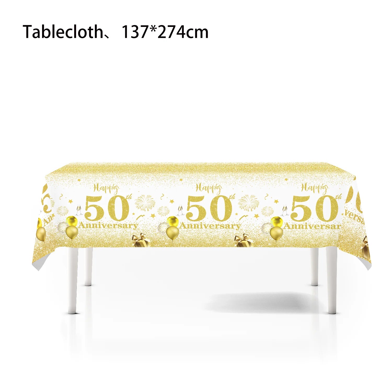 Happy 50th birthday party table supplies, white and gold theme, napkins, 7inch paper cups, tablecloth, plates,  party decoration