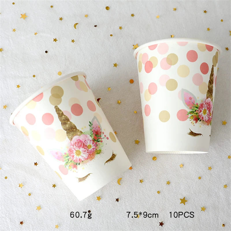 Unicorn Party Disposable Tableware Creative Girls Unicorn Plates Color Stickers Paper Straws Baby Shower Birthday Party Decor