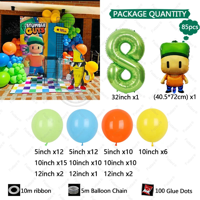 85PCS Game Stumble Guy Theme Balloon Arch Set 32inch Green Number Balloon Boy Girl Birthday Party Decortion Baby Shower Globos