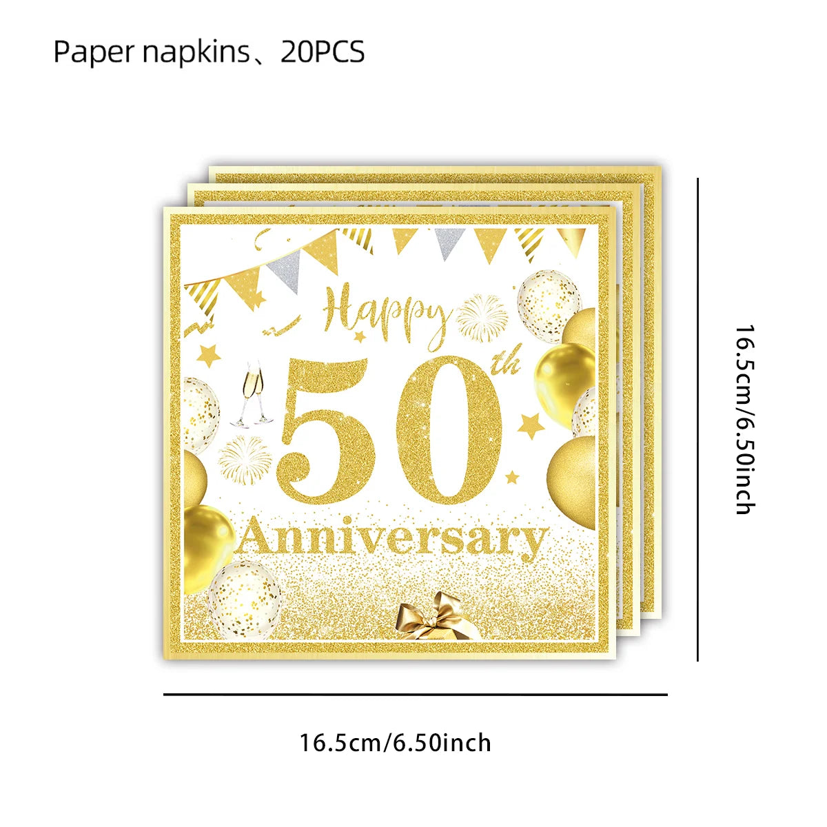 Happy 50th birthday party table supplies, white and gold theme, napkins, 7inch paper cups, tablecloth, plates,  party decoration