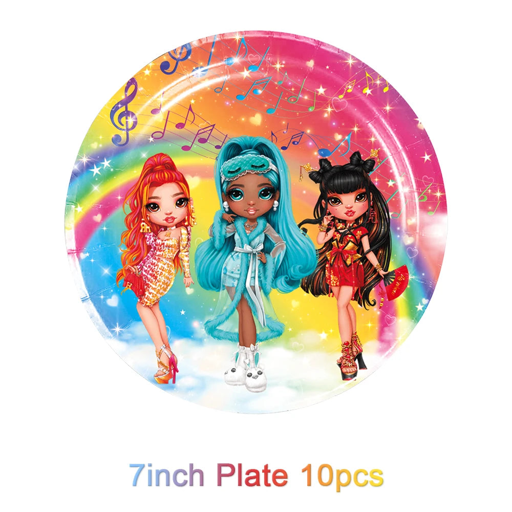 Cartoon Rainbow Doll High School Theme Background Birthday Party Decoration Supplies Disposable Cup Cutlery Balloon Baby Gift