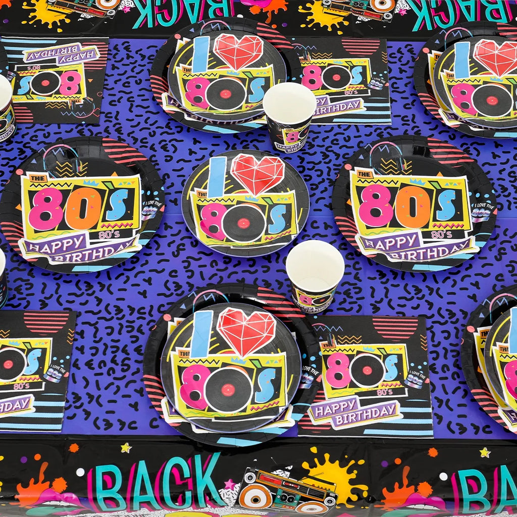 80’s Party Tableware Set 1980s Birthday Hip Hop Party Table Decorations Supplies Back to the 80’s Plates Napkins Cup Tablecloth