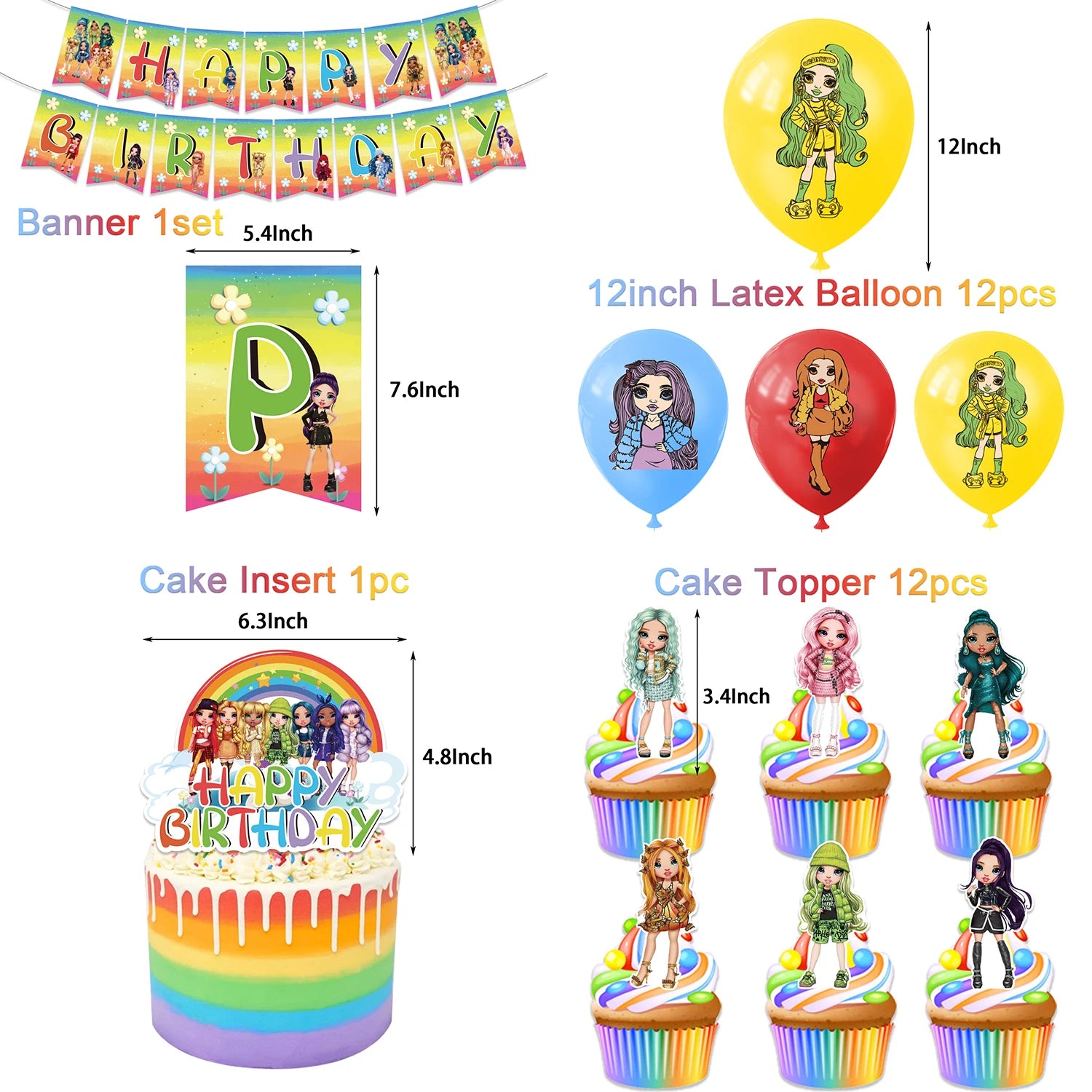 Cartoon Rainbow Doll High School Theme Background Birthday Party Decoration Supplies Disposable Cup Cutlery Balloon Baby Gift