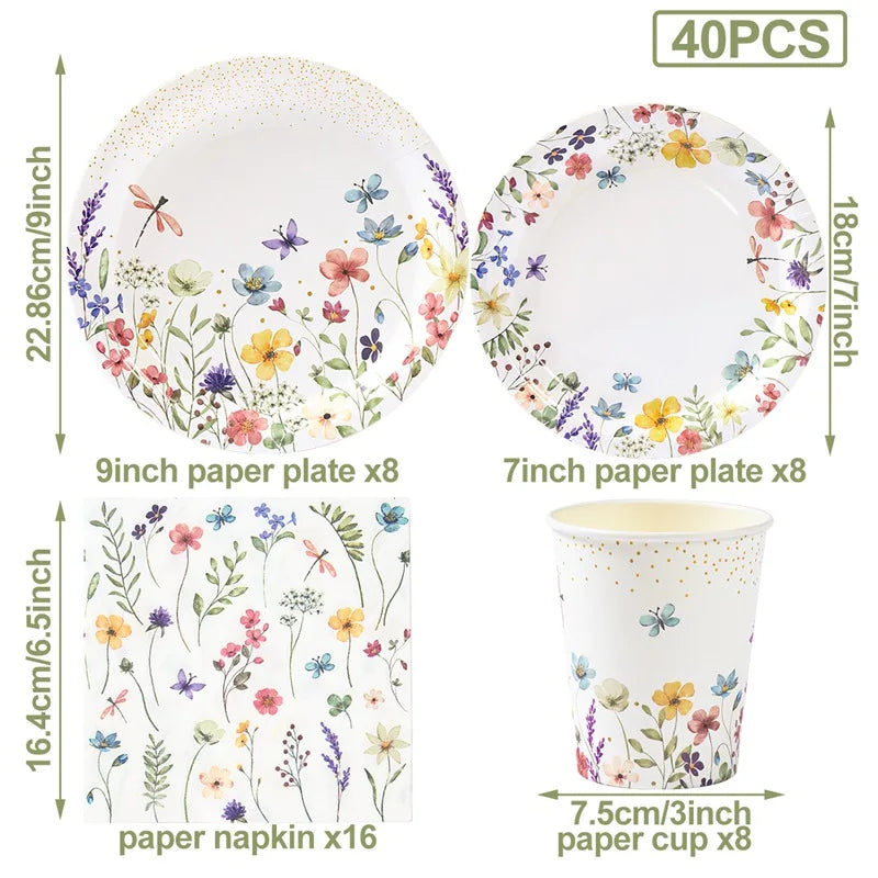 Wild Flower Tableware Birthday Party Decor Wild Floral Disposable Plates Cups Girl Favors Wedding Baby Shower Party Supplies