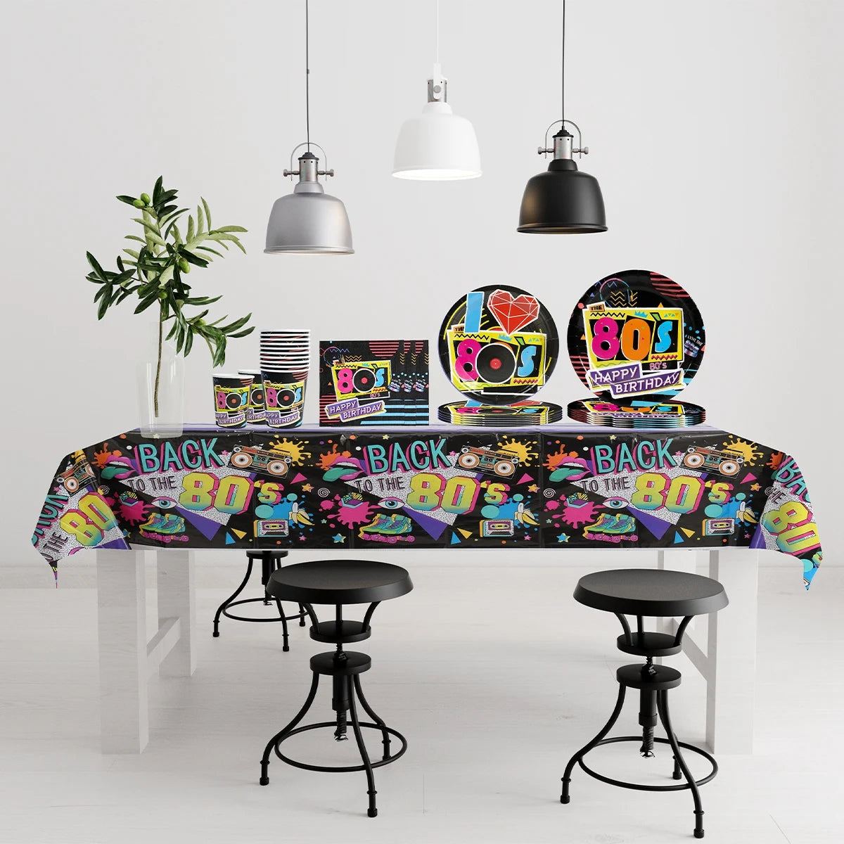 80’s Party Tableware Set 1980s Birthday Hip Hop Party Table Decorations Supplies Back to the 80’s Plates Napkins Cup Tablecloth