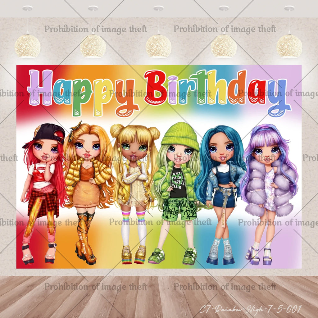 Cartoon Rainbow Doll High School Theme Background Birthday Party Decoration Supplies Disposable Cup Cutlery Balloon Baby Gift