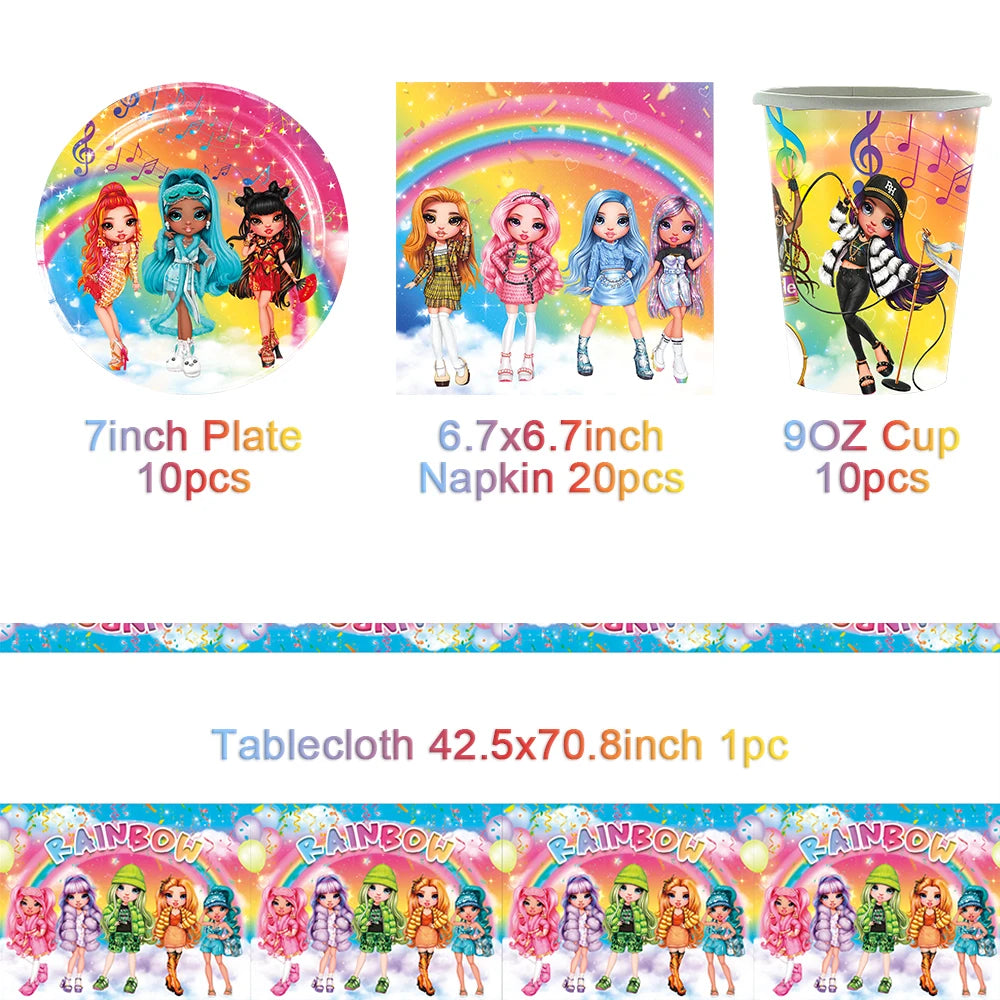 Cartoon Rainbow Doll High School Theme Background Birthday Party Decoration Supplies Disposable Cup Cutlery Balloon Baby Gift