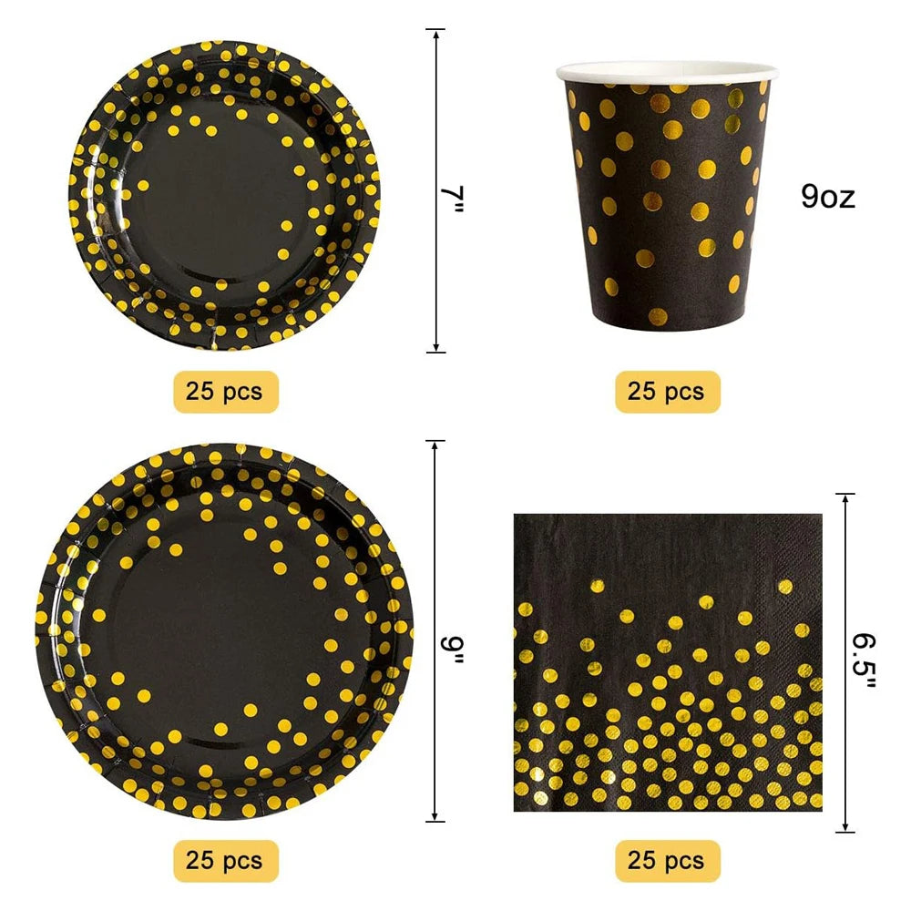 Black and Gold Party Supplies Disposable Party Tableware Gold Dot Paper Plate Black Napkin Cup for Graduation Birthday Wedding