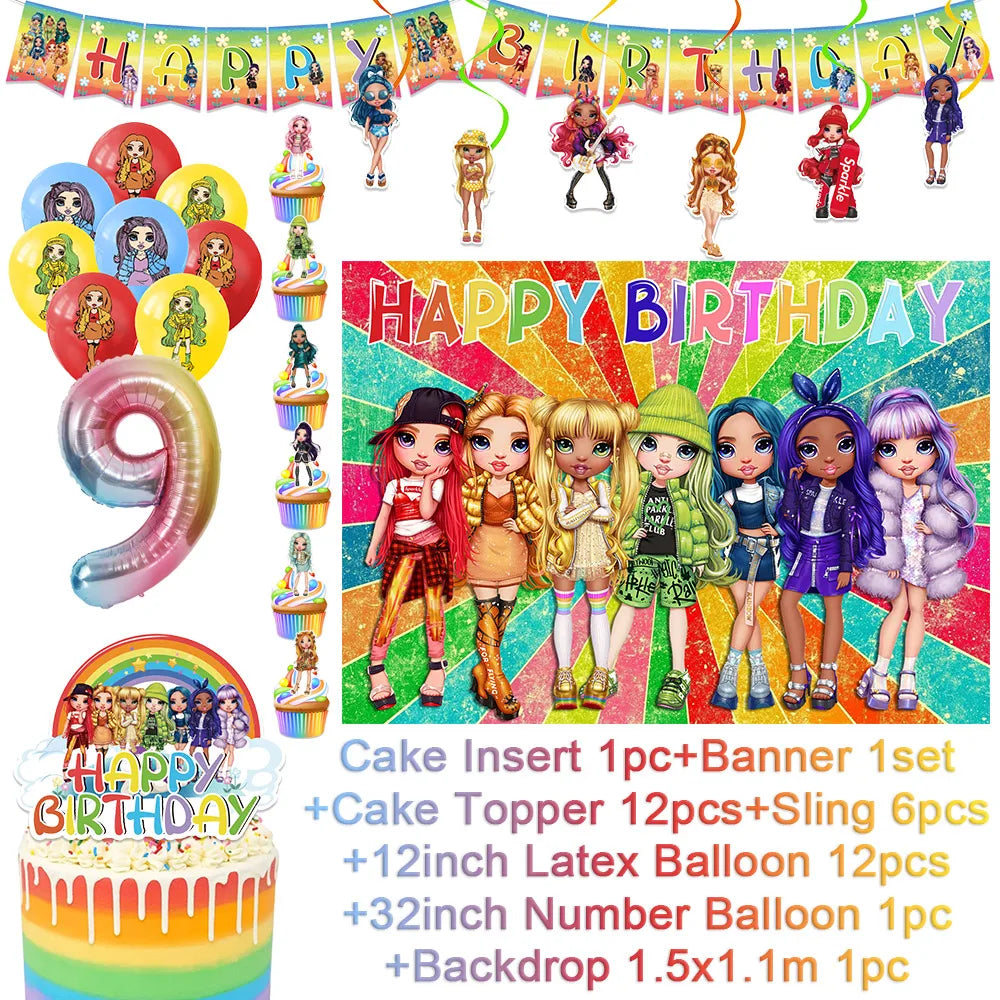 Cartoon Rainbow Doll High School Theme Background Birthday Party Decoration Supplies Disposable Cup Cutlery Balloon Baby Gift