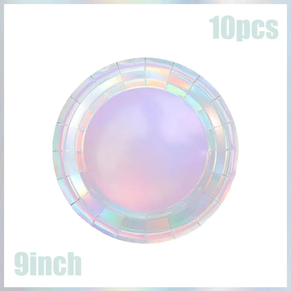 Iridescent Party Decorations Tableware Supplies,Holographic Paper Plate,Cup,Napkin,Tablecloth,Cutlery,For Birthday Wedding Party