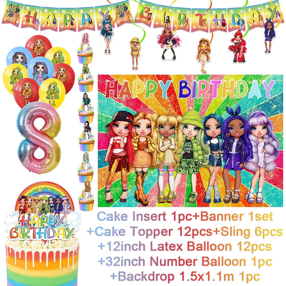 Cartoon Rainbow Doll High School Theme Background Birthday Party Decoration Supplies Disposable Cup Cutlery Balloon Baby Gift