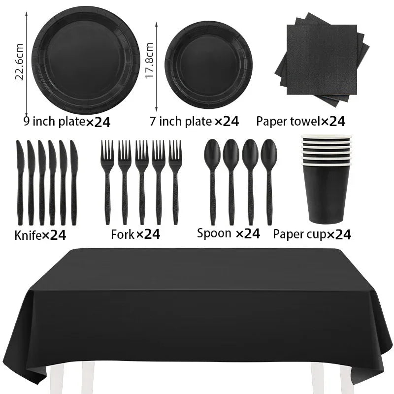 Solid Black Theme Tableware Birthday Party Disposable Cutlery Paper Napkins Cups Plates Tablecloths Fork Spoon Party Decorations