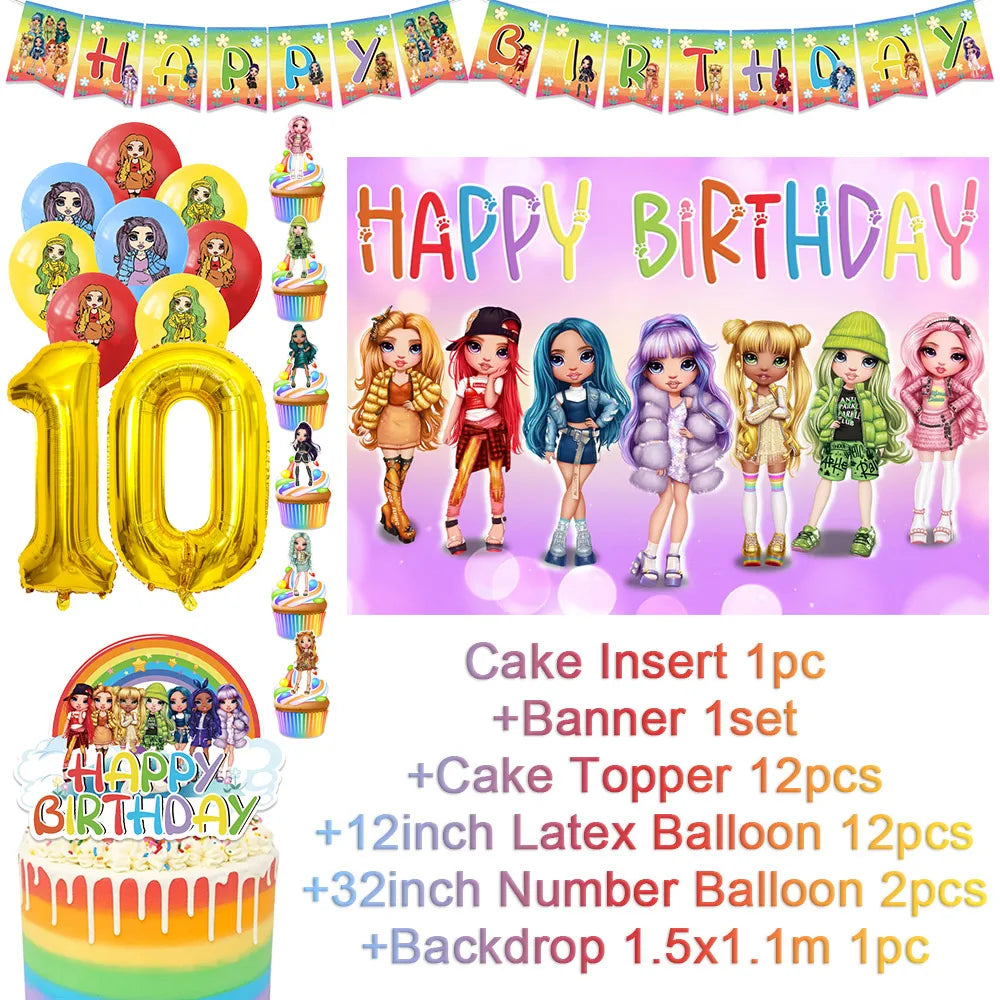 Cartoon Rainbow Doll High School Theme Background Birthday Party Decoration Supplies Disposable Cup Cutlery Balloon Baby Gift