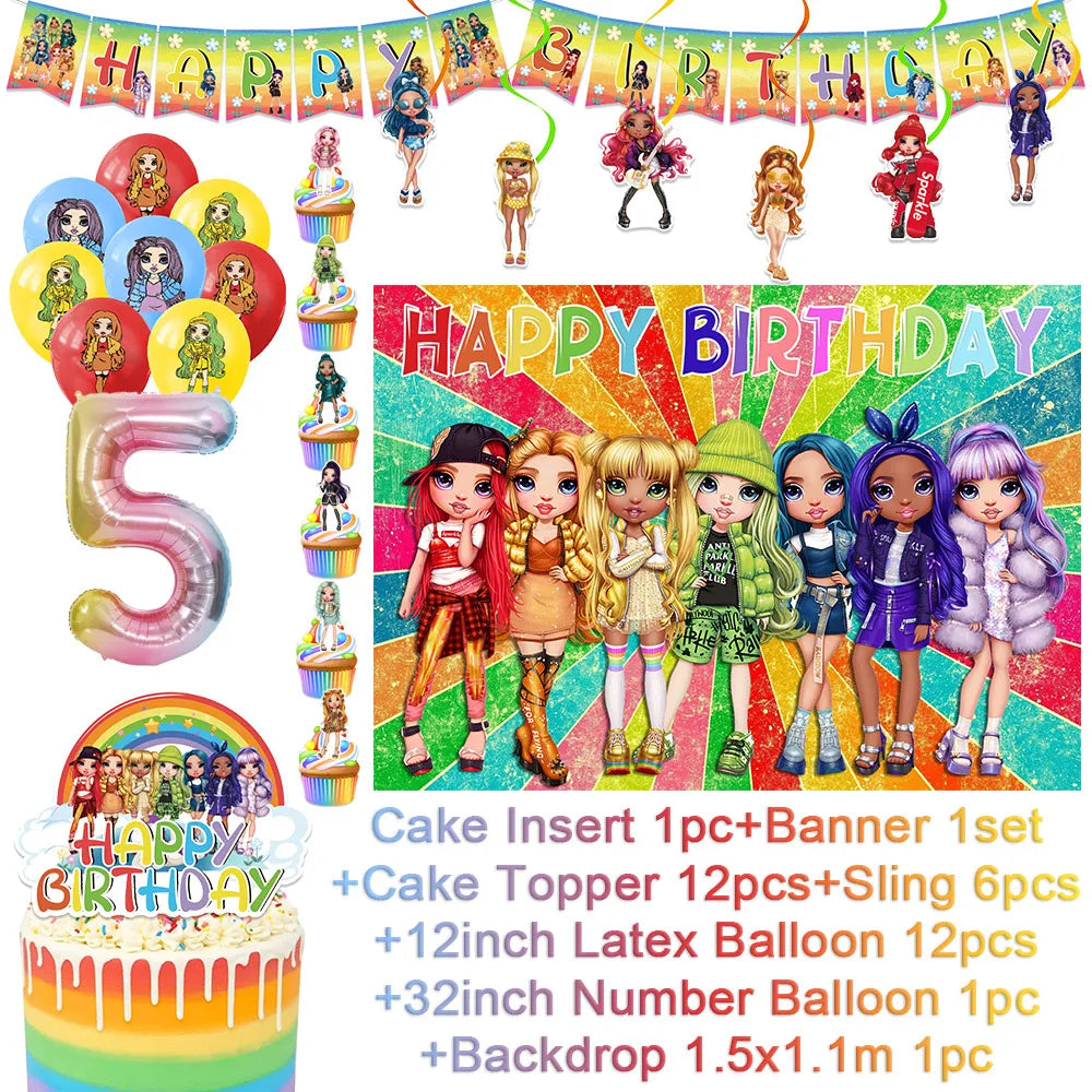 Cartoon Rainbow Doll High School Theme Background Birthday Party Decoration Supplies Disposable Cup Cutlery Balloon Baby Gift