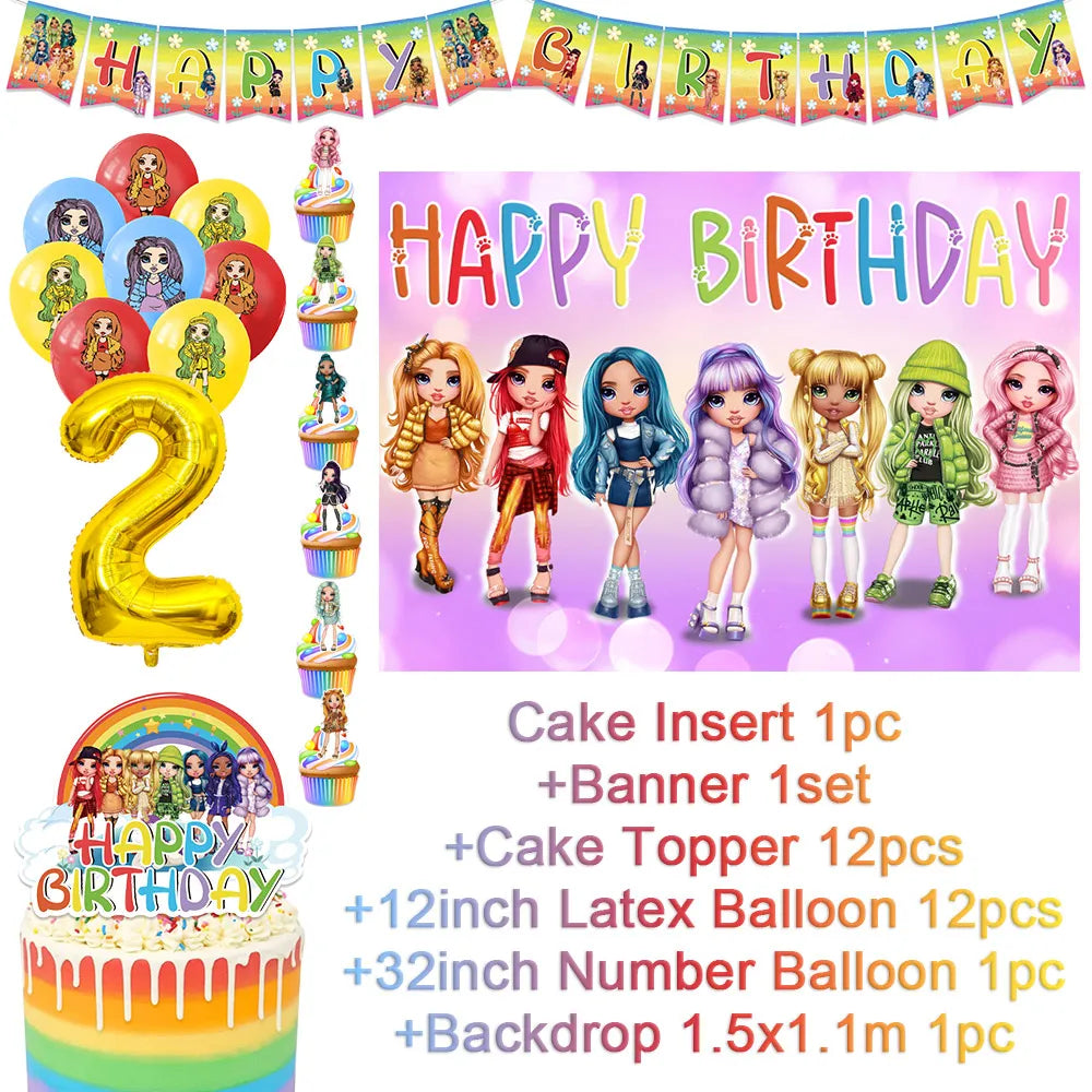 Cartoon Rainbow Doll High School Theme Background Birthday Party Decoration Supplies Disposable Cup Cutlery Balloon Baby Gift