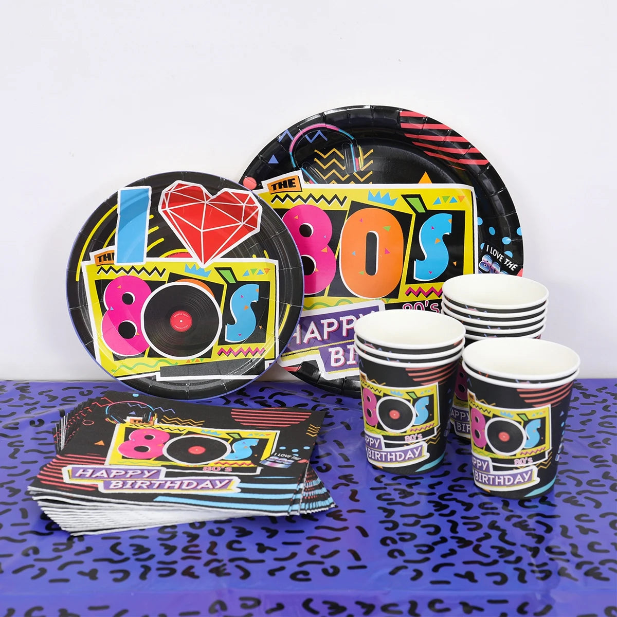 80’s Party Tableware Set 1980s Birthday Hip Hop Party Table Decorations Supplies Back to the 80’s Plates Napkins Cup Tablecloth