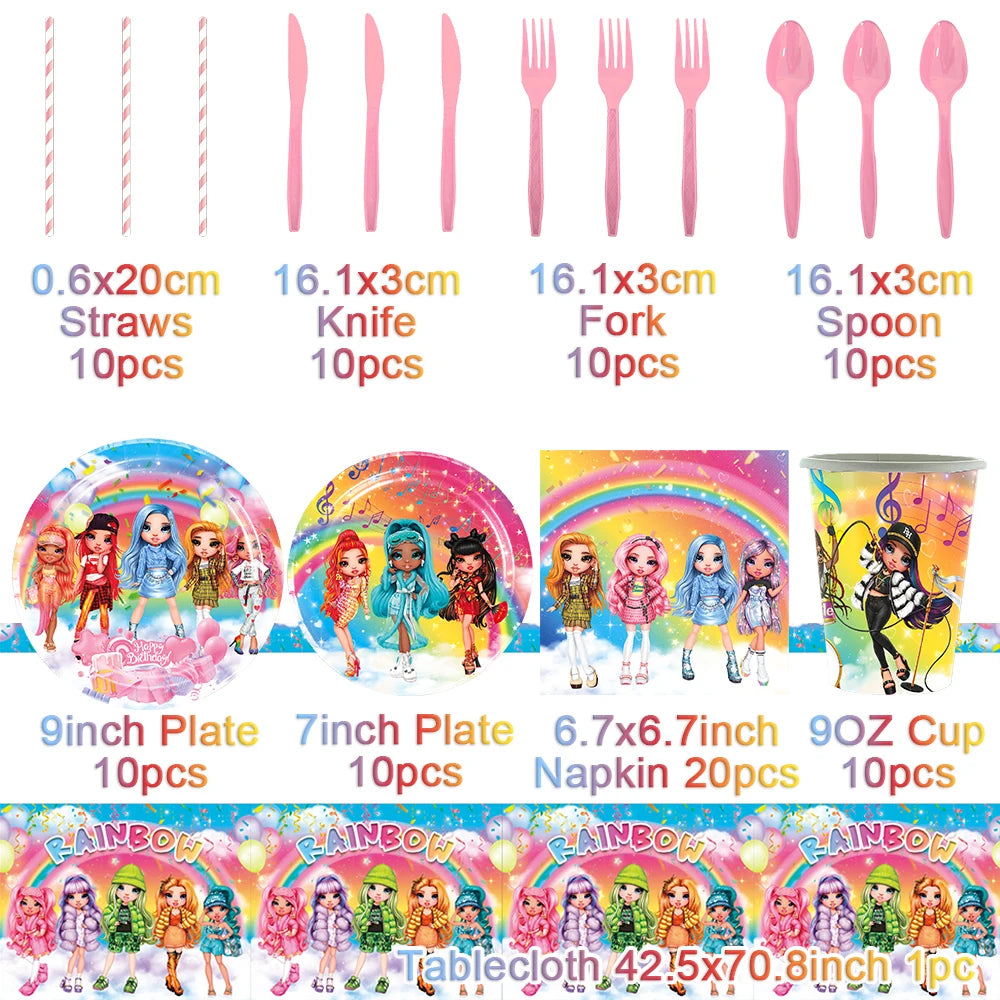 Cartoon Rainbow Doll High School Theme Background Birthday Party Decoration Supplies Disposable Cup Cutlery Balloon Baby Gift