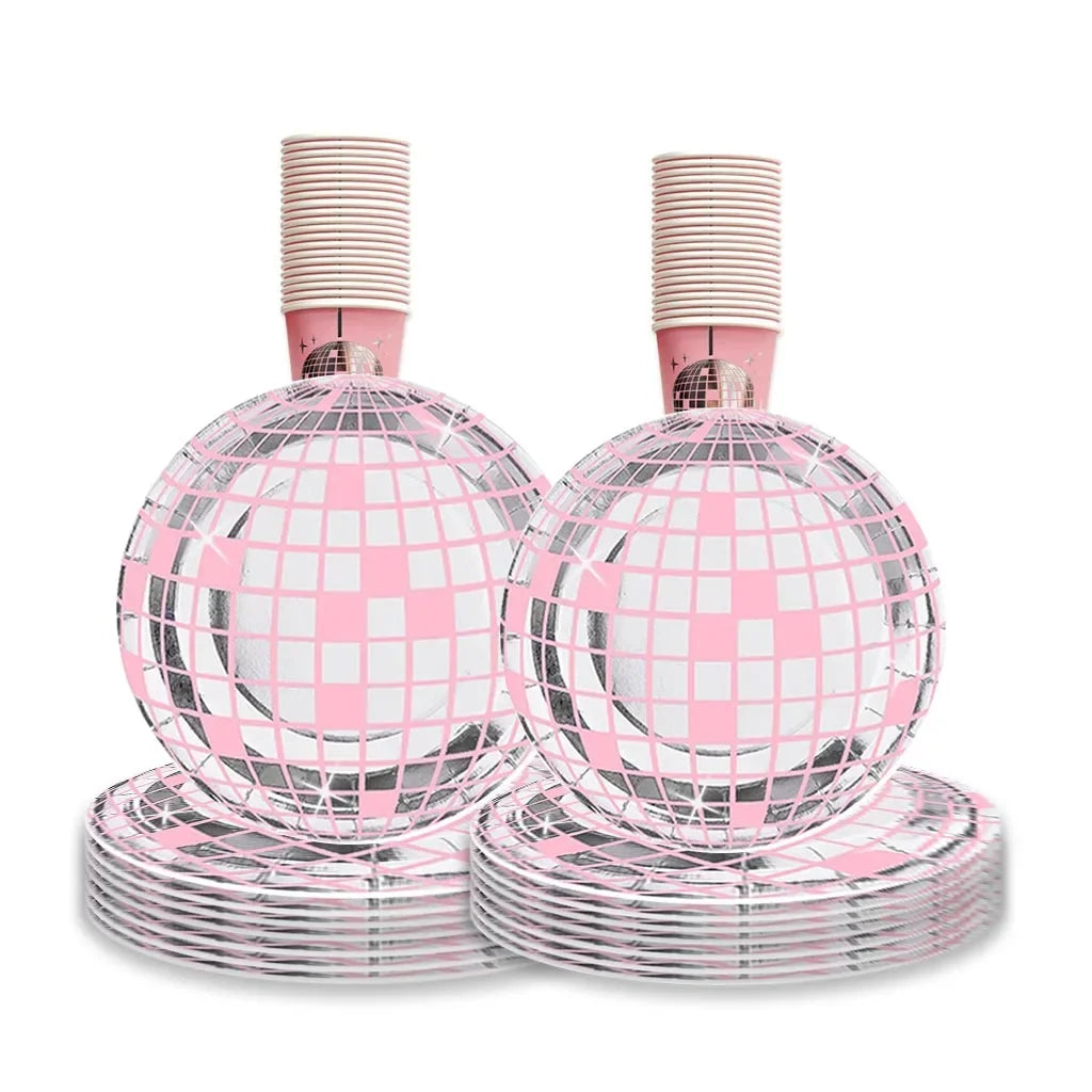 10 Guests Disco Theme Party Disposable Tableware Disco Pink Plates Cups Napkins Disco Party Girls Birthday Party Supplies
