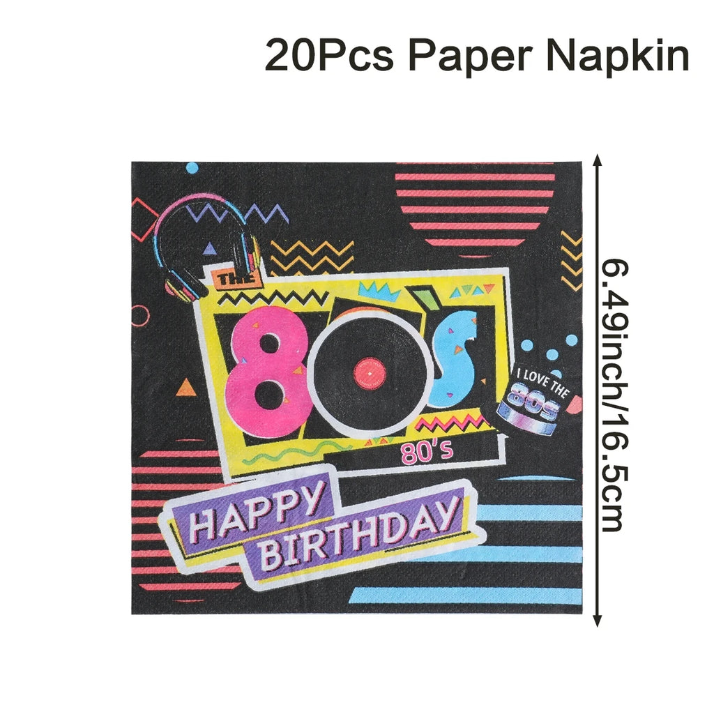 80’s Party Tableware Set 1980s Birthday Hip Hop Party Table Decorations Supplies Back to the 80’s Plates Napkins Cup Tablecloth