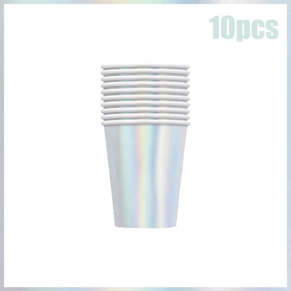 Iridescent Party Decorations Tableware Supplies,Holographic Paper Plate,Cup,Napkin,Tablecloth,Cutlery,For Birthday Wedding Party