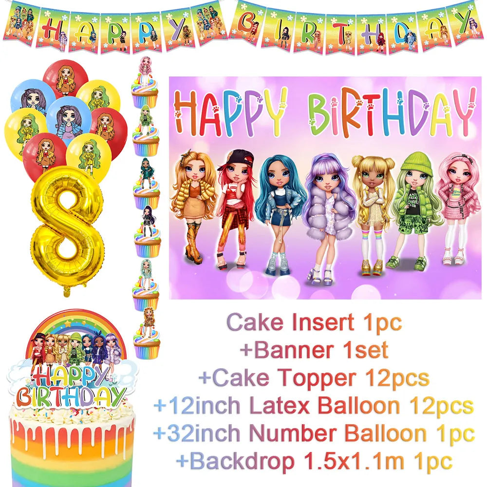 Cartoon Rainbow Doll High School Theme Background Birthday Party Decoration Supplies Disposable Cup Cutlery Balloon Baby Gift