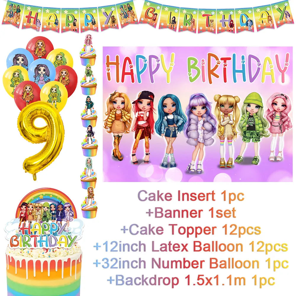 Cartoon Rainbow Doll High School Theme Background Birthday Party Decoration Supplies Disposable Cup Cutlery Balloon Baby Gift