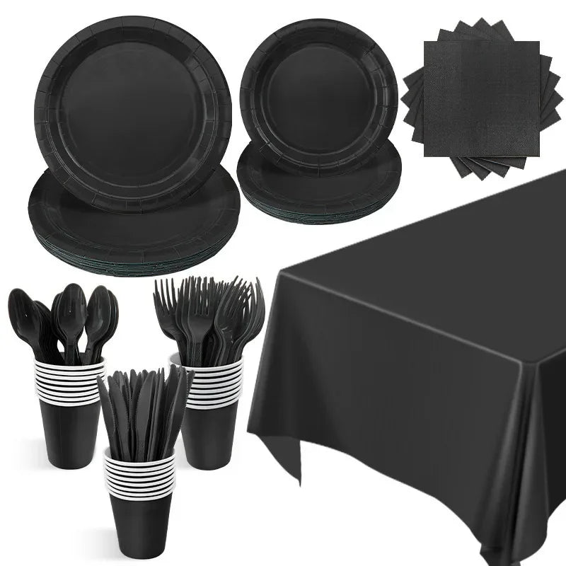 Solid Black Theme Tableware Birthday Party Disposable Cutlery Paper Napkins Cups Plates Tablecloths Fork Spoon Party Decorations