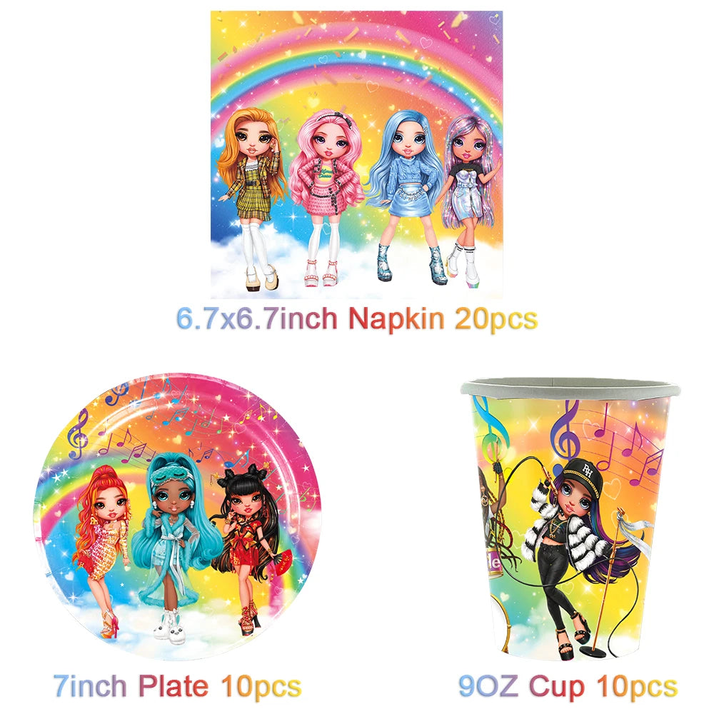 Cartoon Rainbow Doll High School Theme Background Birthday Party Decoration Supplies Disposable Cup Cutlery Balloon Baby Gift