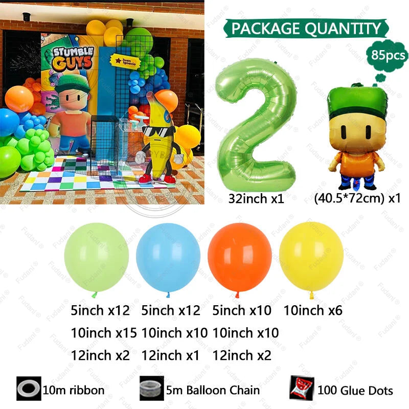 85PCS Game Stumble Guy Theme Balloon Arch Set 32inch Green Number Balloon Boy Girl Birthday Party Decortion Baby Shower Globos