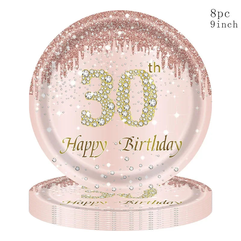 8Guests Rose Gold 30 Year Old Disposable Tableware Set 30 Years Tablecover Paper Plates Happy 30 Women 30th Birthday Ballon