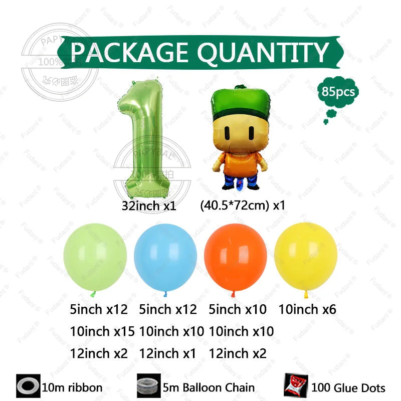 85PCS Game Stumble Guy Theme Balloon Arch Set 32inch Green Number Balloon Boy Girl Birthday Party Decortion Baby Shower Globos