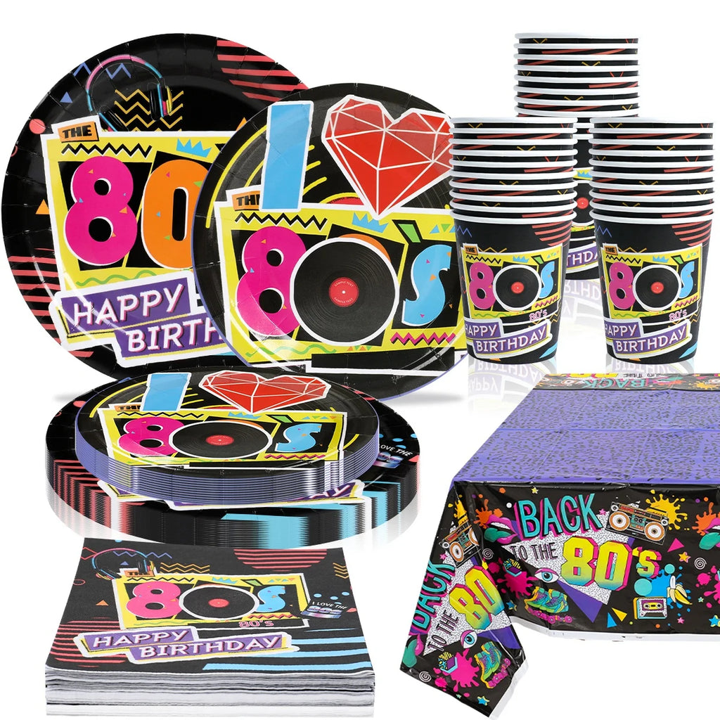 80’s Party Tableware Set 1980s Birthday Hip Hop Party Table Decorations Supplies Back to the 80’s Plates Napkins Cup Tablecloth