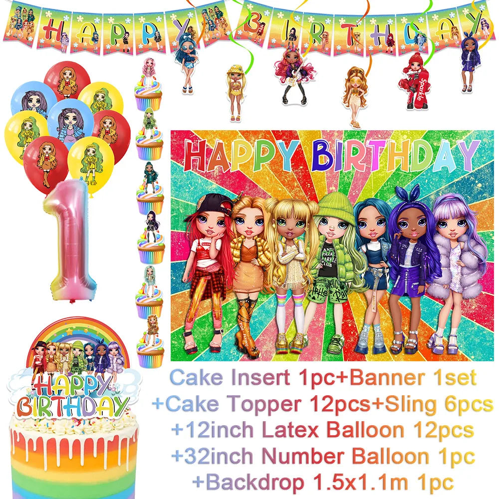 Cartoon Rainbow Doll High School Theme Background Birthday Party Decoration Supplies Disposable Cup Cutlery Balloon Baby Gift