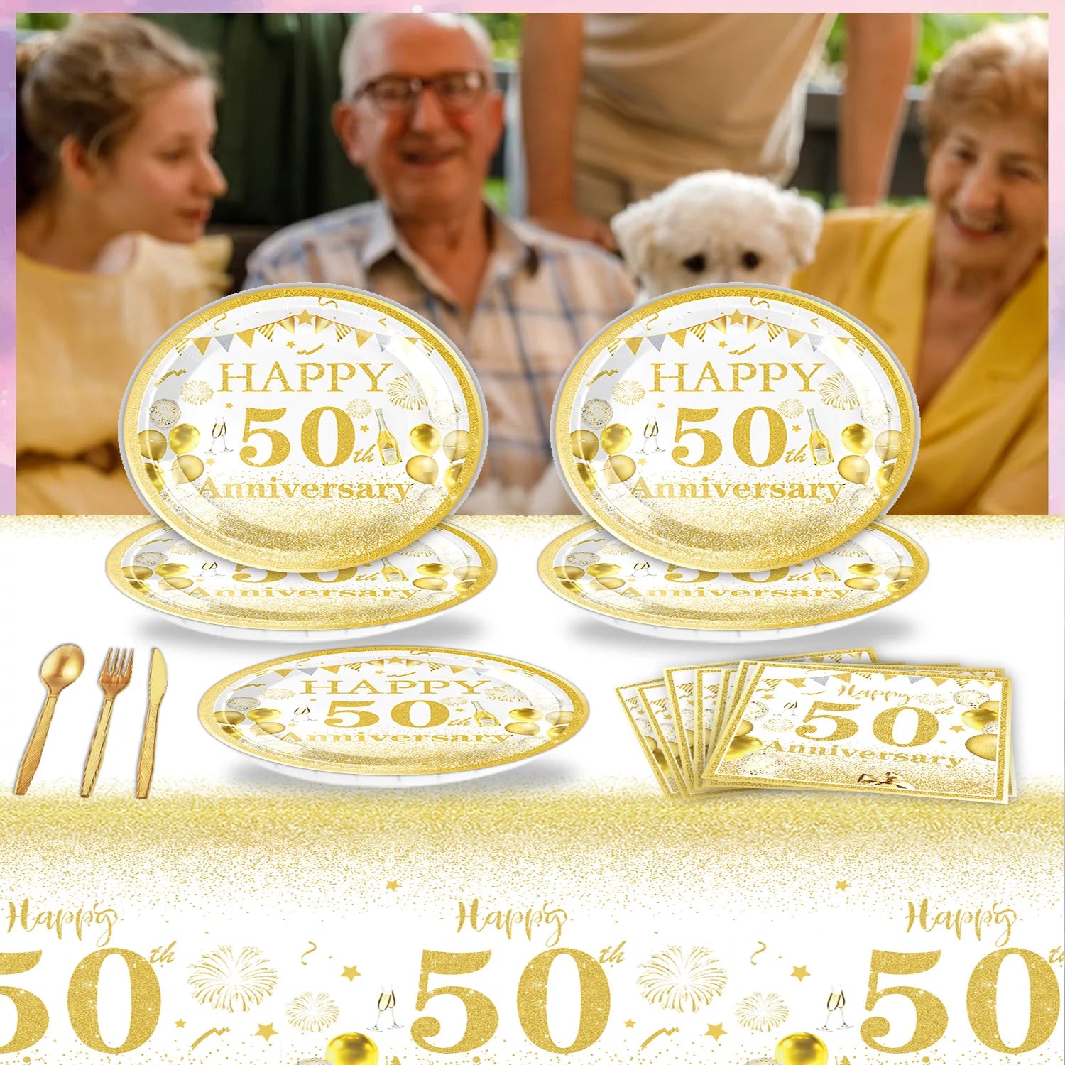 Happy 50th birthday party table supplies, white and gold theme, napkins, 7inch paper cups, tablecloth, plates,  party decoration