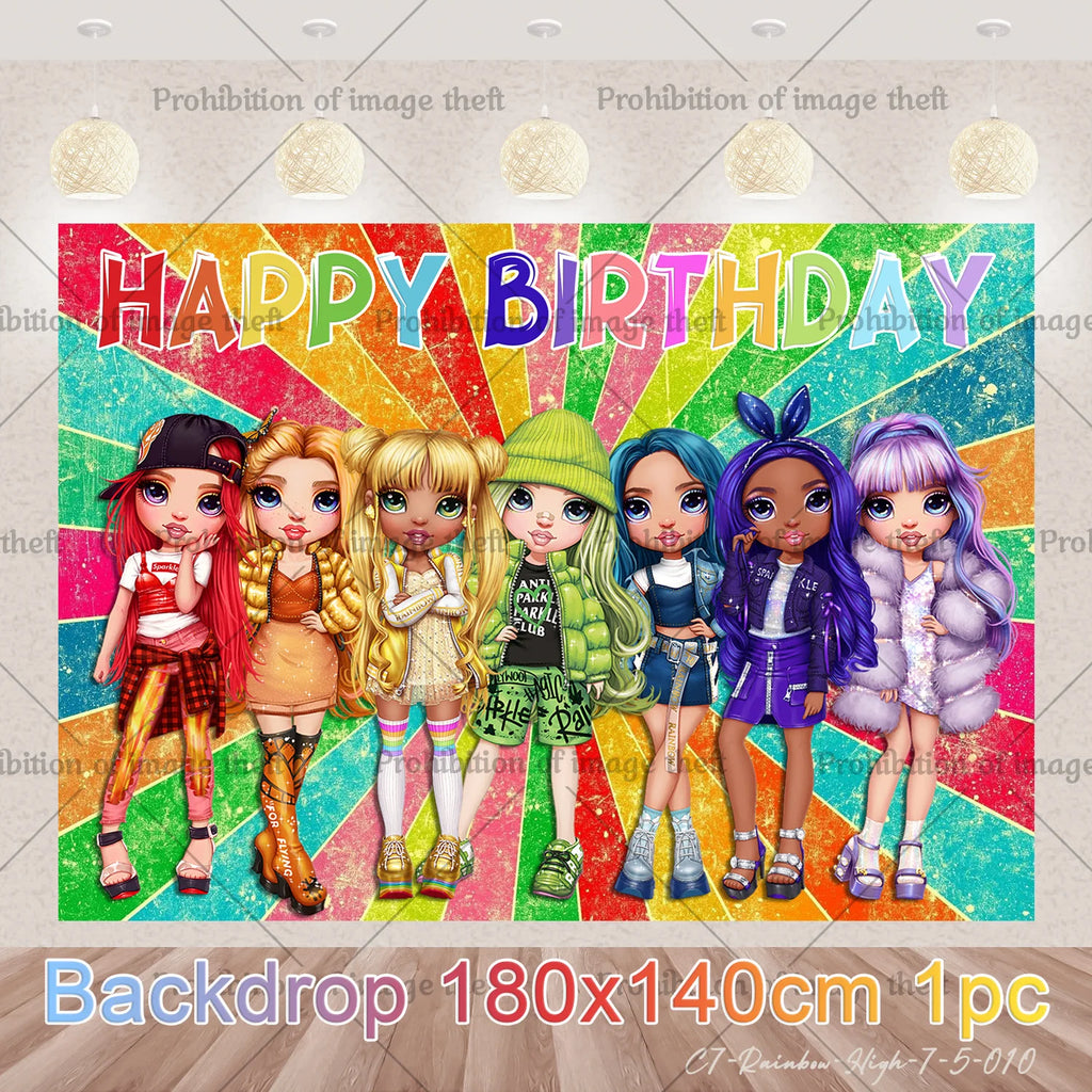 Cartoon Rainbow Doll High School Theme Background Birthday Party Decoration Supplies Disposable Cup Cutlery Balloon Baby Gift