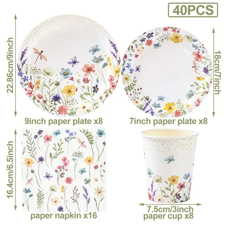 Wild Flower Tableware Birthday Party Decor Wild Floral Disposable Plates Cups Girl Favors Wedding Baby Shower Party Supplies