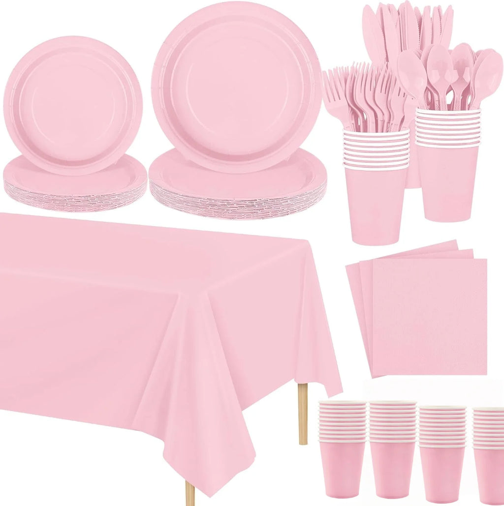 Light Pink Party Supplies Dinnerware Set Include Plates and Cups Tablecloth for Baby Shower Wedding Birthday Valentine's Day
