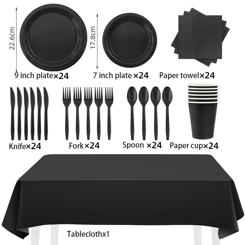 Solid Black Theme Tableware Birthday Party Disposable Cutlery Paper Napkins Cups Plates Tablecloths Fork Spoon Party Decorations